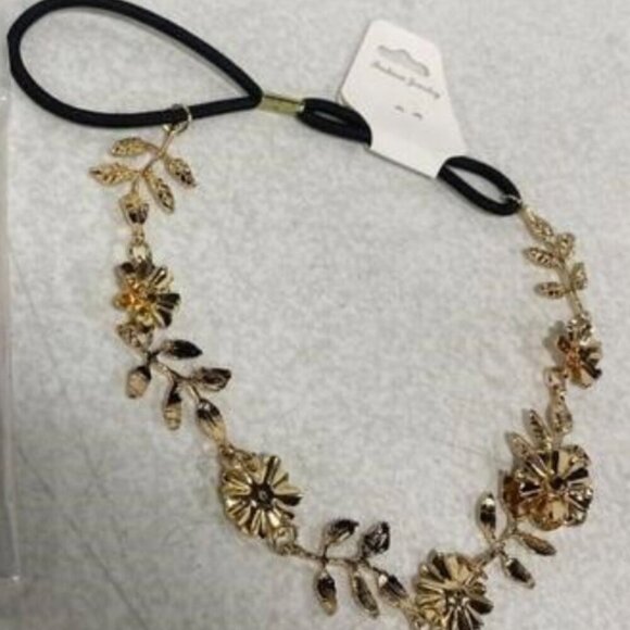 Metallic Gold Leaves Elastic Headband - Picture 2 of 3